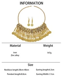 1 条项链 + 1 对耳环，复古波西米亚风超大硬币流苏首饰套装，适合女士