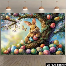 Fundal foto 2D plat cu iepuraș de Paște și ouă colorate - material textil din poliester de dimensiuni mari cu flori de cireș înflorite și iarbă verde, ideal pentru petrecerea de Paște, decorarea casei, recuzita de studio și decorarea ușii de garaj suspendate - Multicolor - Vizualizare 13
