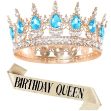 1件女士奢华水钻皇冠头饰，适用于婚礼装饰、派对、选美比赛、庆典、舞蹈、时装秀、鲜花装饰、生日派对、圣诞节装饰。专为女性设计的水钻生日派对套装——金色皇冠头饰、生日女王绶带，适合作为送给她的生日礼物、发饰、庆典礼品和装饰品。