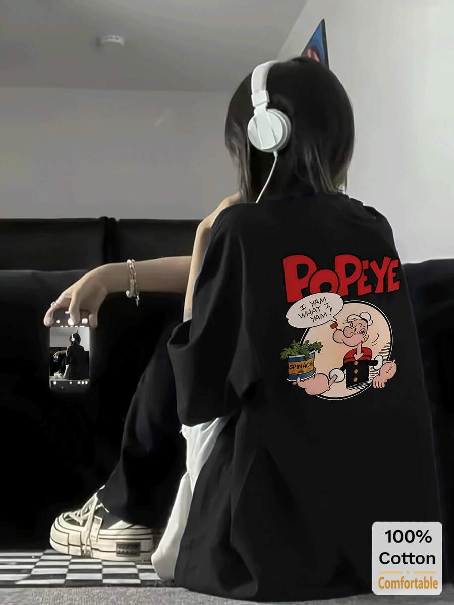 Cartoon Pattern Short Sleeve Mid-Length T-Shirt For Women, Fashionable Casual Top - Black - View 1