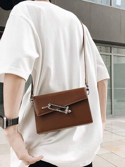 Men's Solid Color Versatile Large Capacity Flap Shoulder Bag, Suitable For Daily Commute, Shopping, Phone And Coin Storage Valentine'S Day