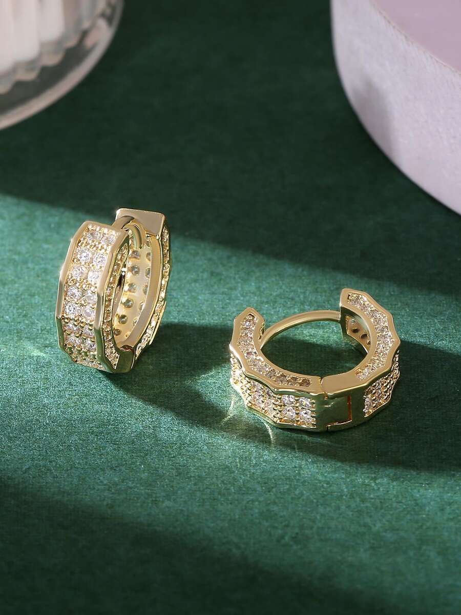 1 par de pendientes de aro geométricos redondos de cobre con circonita, elegantes y brillantes pendientes de alta gama para mujer para fiestas, citas y regalos - Amarillo Oro - Ver 1