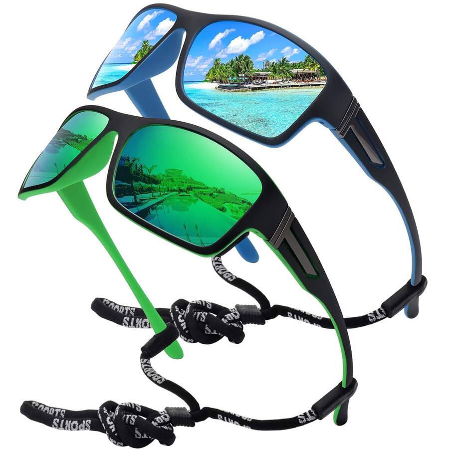 2 piezas Gafas de moda deportivas polarizadas con correa deportiva desmontable - azul-verde - Ver 1
