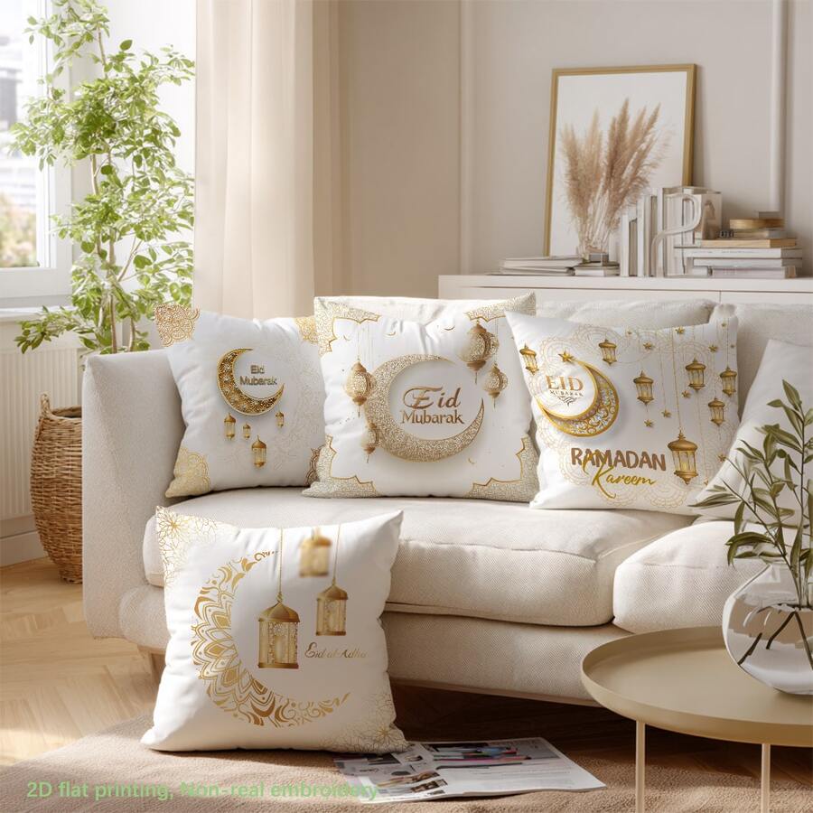 4件套斋月白色金灯笼、星月图案抱枕套，2D单面柔软桃皮绒材质，45*45厘米枕套，适用于家居、卧室、客厅、派对装饰、沙发抱枕套，斋月礼物（不含枕芯） - 彩色 - 查看 1