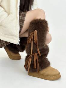 1 Pair Y2K Style Fuzzy Leg Warmers With Bow Tie Straps, In White/Khaki/Coffee, Suitable For Autumn/Winter (May Have Slight Shedding) - Multicolor - View 7