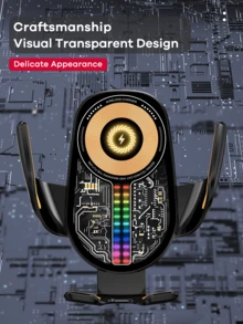 REMAX 15W无线快充车载手机支架，带彩色声控灯；自动感应开合；防滑手柄和过热保护；Type-C接口，兼容苹果/安卓手机；支持带手机壳，90°旋转；通用车载配件