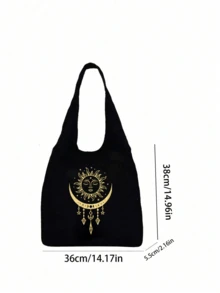 大容量星月印花手提包套装，可单肩背或手提。星月流苏图案黑色帆布单肩包兼化妆包，节日主题旅行收纳包，节日礼物，情人节礼物，多功能手提包 - 彩色 - 查看 9