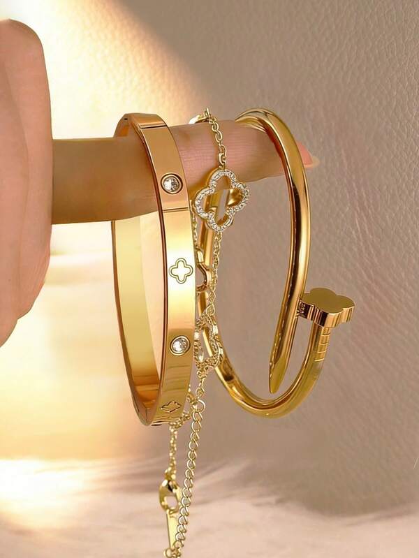 3pcs/1pc 18K Gold Plated Stainless Steel Four-Leaf Clover Bracelet, Bracelet Set, Gear Bracelet, Can Be Stacked Or Worn Separately, Inlaid With 3D Zirconia Stones. Waterproof And Fade-Resistant, Suitable For Daily Wear, Parties And Formal Events, A Perfect Gift For Female Friends.