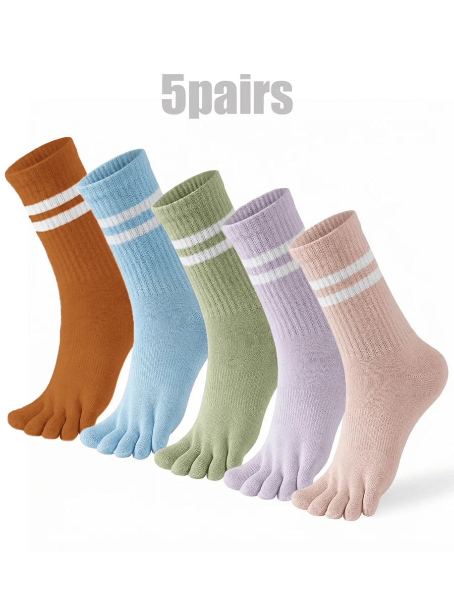 5 Pairs Women's Toe Separator Crew Socks - Solid & Striped Sports Socks, Breathable Stretch For Indoor Workouts & Yoga - 5 cặp - Xem 1