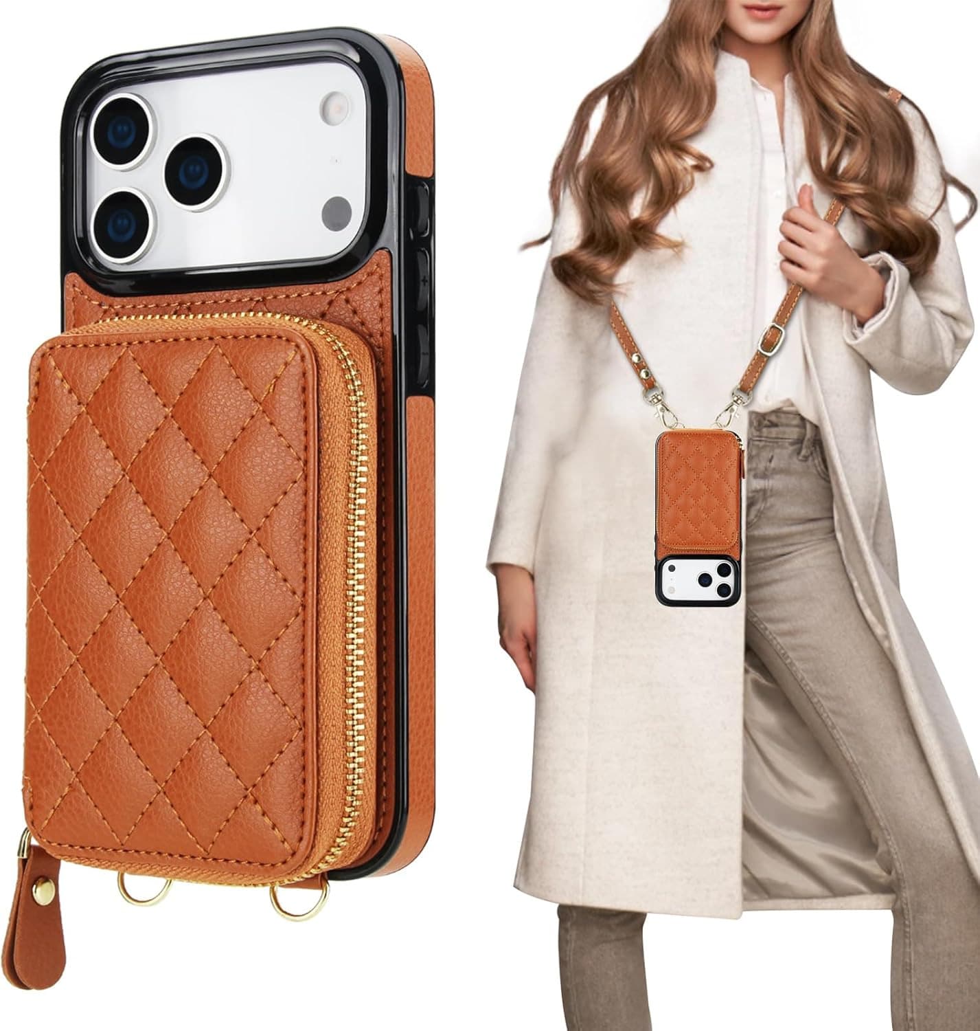 Crossbody Wallet Case For IPhone 17 ProMax/17Pro/17AIR/17, RFID Blocking PU Leather Zipper Handbag Purse Flip Cover, Kickstand Folio Case With Card Slots Holder Wrist Strap Lanyard - 棕色 - 查看 1