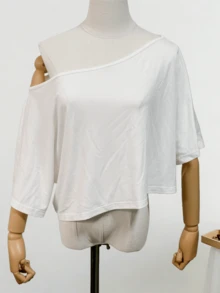 1pc Women's Asymmetrical Shoulder Batwing Short Sleeve T-Shirt Top, Loose Fit, Suitable For Summer, Beach, Street, Daily, Work, Office Party, Outing, Carnival, Music Festival, Valentine's Day, Party Occasions. Loose, Streetwear Style, Also Suitable For Outdoor Wear, Versatile Design, A Top Choice For Summer. - White - View 8