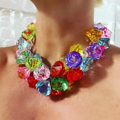 女士彩色多层项链，时尚树脂心形树吊坠，低过敏锁骨项链饰品