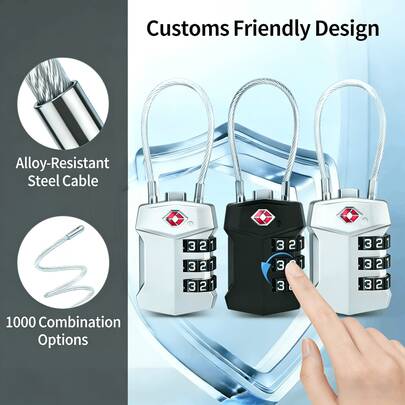 TSA密码锁、挂锁、储物柜锁、TSA海关锁、旅行行李锁、钢缆密码锁、3位密码挂锁、1000个密码组合、合金钢缆、行李箱拉链锁，适用于旅行包、海关、背包、健身房储物柜、防盗安全密码锁 - 无钥匙