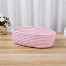 1pc Handmade Woven Basket, Foldable Oval Shaped Desktop Storage Basket, Suitable For Storing Cosmetics, Snacks, Fruits And Toys, Desktop Organizer Basket - Baby Pink - View 6