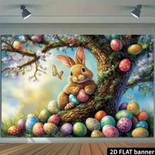 Fundal foto 2D plat cu iepuraș de Paște și ouă colorate - material textil din poliester de dimensiuni mari cu flori de cireș înflorite și iarbă verde, ideal pentru petrecerea de Paște, decorarea casei, recuzita de studio și decorarea ușii de garaj suspendate - Multicolor - Vizualizare 12
