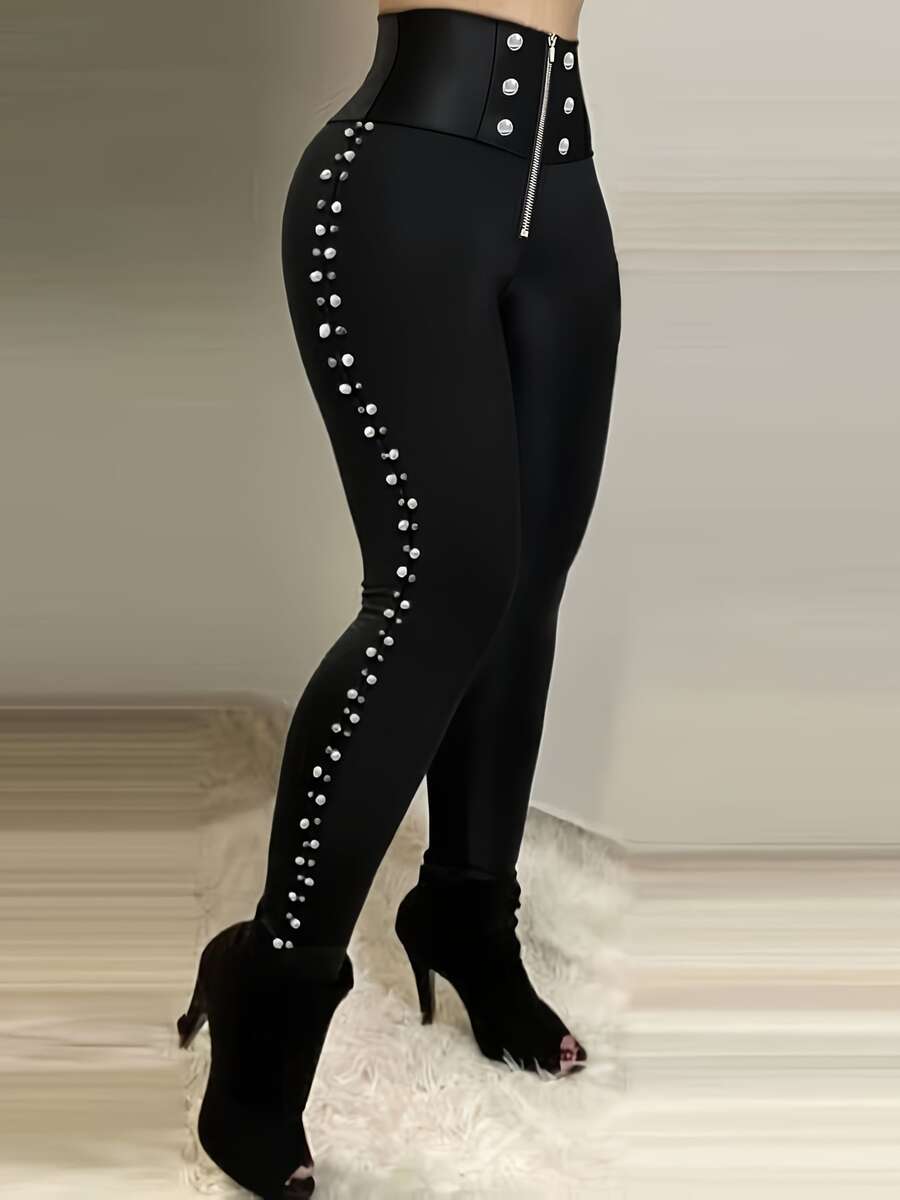 Women's High Waist Faux Leather Skinny Pants, With Side Rivet Decor, Front Zipper Design Black Spring - Black - View 1