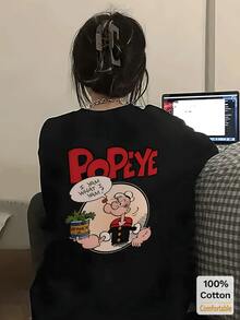 Cartoon Pattern Short Sleeve Mid-Length T-Shirt For Women, Fashionable Casual Top - Black - View 2