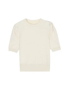 Top tricotat subțire pentru femei, de primăvară și vară, casual, pentru naveta de Ziua Îndrăgostiților, culoare solidă, guler rotund, mâneci bufante, cu volane, croială regulată (modele asortate aleatoriu) - Bej - Vizualizare 5