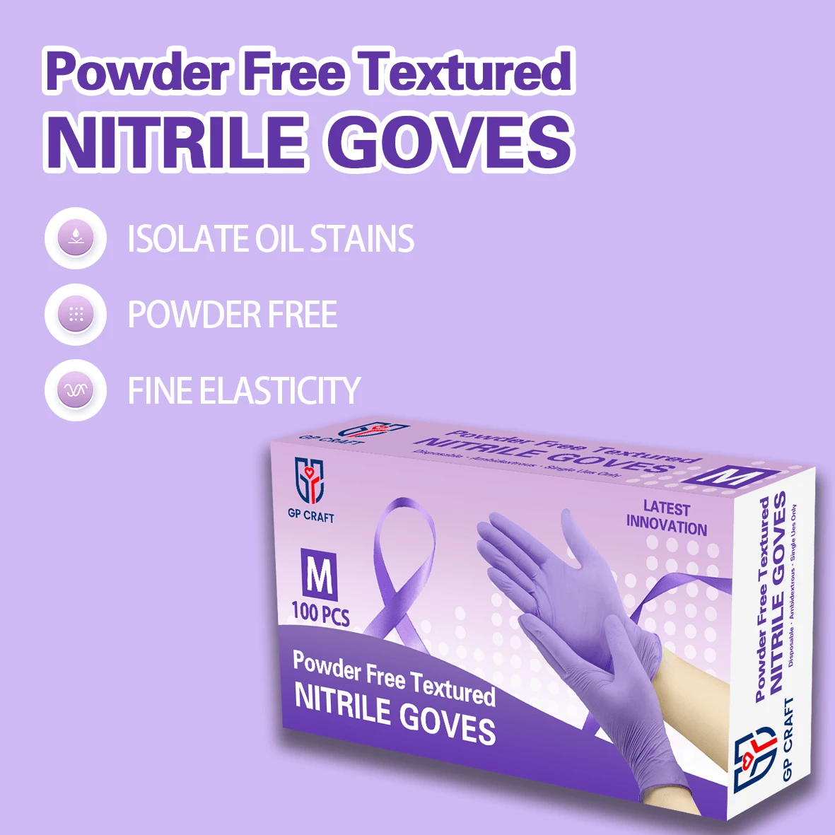 100pc 7 Colors Available Disposable Nitrile 3-Mil Latex Free Tattto Nail Hair Salon Cleaning Gloves - 紫色 - 查看 1