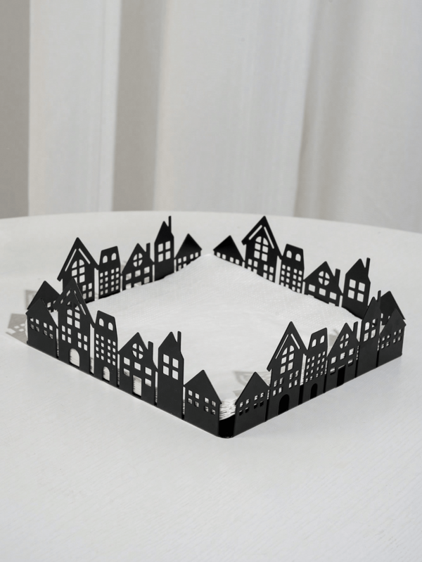 1 шт. чорний квадратний залізний піднос у формі будинку, міський фон, освітлення та тінь, 3D-ефект, настільна коробка для зберігання, тримач для серветок, сучасний мінімалістичний дизайн для вітальні, їдальні, ванної кімнати