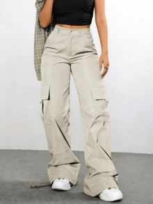 Women's Stylish And Chic Solid-Color Cargo Pants, Loose And Practical With Multiple Pockets, Sweet And Casual, Perfect For Street Style, Brunch, And Spring And Summer Outfits. - Apricot - View 4