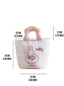 Fashionable Portable Lunch Bag, White Base With Pink Handle, Cute Cartoon Print, Fabric Material, Aluminum Foil Lining, Easy To Clean, Wide Handle For Comfortable Grip, Smooth Zipper Design, Large Capacity, Suitable For Daily Use, Lunch, Picnic, Leisure, Cartoon Enthusiasts, Young Women, Students, Office Workers, Etc.