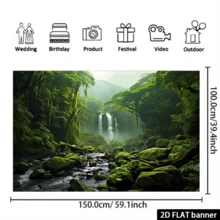 2D Flat Elegant Natural Landscape Background, Evergreen Forest, Jungle, Rocks, Flowing Stream, Rainforest Photography Backdrop, Birthday Party Event Photo Booth Studio Props, Party Supplies - Green - View 6
