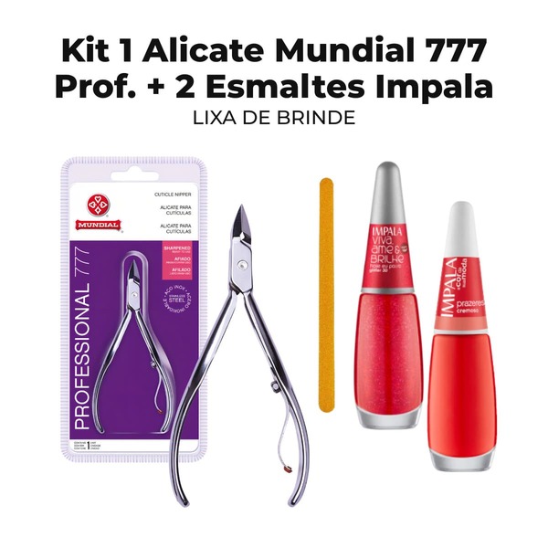 Kit 1 Alicate Mundial 777 Profissional Original + 2 Esmaltes Impala Vermelhos + 1 Lixa
