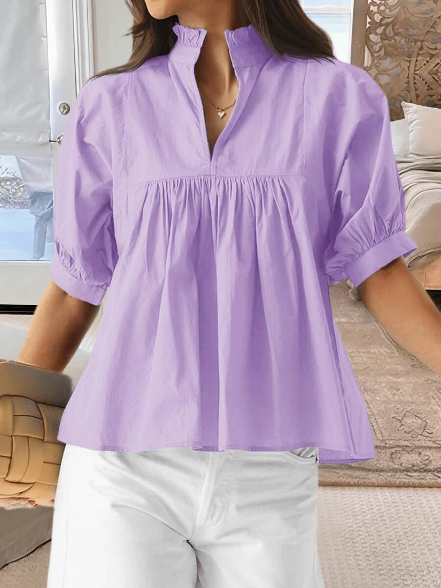 Women's Puff Sleeve V Neck Babydoll Blouse Pleated Peplum Hem Dressy Casual Loose Fit Shirt - 淺紫色 - 查看 1