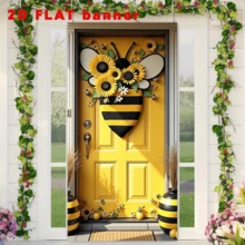 2D门帘1件，2D布艺门帘，蜜蜂主题门墙装饰横幅，派对横幅旗帜，带有装饰和向日葵图案，可用于拍照背景和室内外活动派对用品装饰。 - 1個 - 查看 6