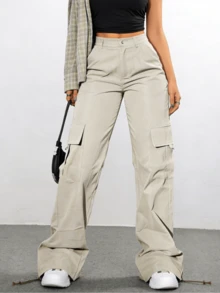 Women's Stylish And Chic Solid-Color Cargo Pants, Loose And Practical With Multiple Pockets, Sweet And Casual, Perfect For Street Style, Brunch, And Spring And Summer Outfits. - Apricot - View 2