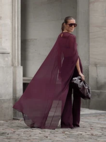 Women Sheer Long Cape Tops - Burdeos - Ver 3