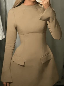 Onicee 卡其色夏季连衣裙，时尚女士休闲A字长袖优雅连衣裙，适合情人节、约会、聚会、派对、旅行、度假、海滩等场合。 - 卡其色 - 查看 5