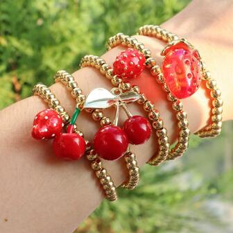 سوار مطلي بالذهب الأحمر 18 قيراط بقلادة على شكل فراولة وكرز، سلسلة خرزية مطاطية، مجوهرات أنيقة هدية