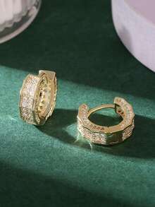 1 par de pendientes de aro geométricos redondos de cobre con circonita, elegantes y brillantes pendientes de alta gama para mujer para fiestas, citas y regalos - Amarillo Oro - Ver 8