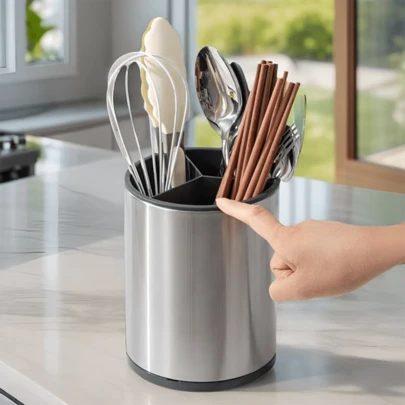 Organizador de cubiertos, soporte para cuchillos de cocina, soporte giratorio de 360 grados para cuchillos y tenedores, escurridor de palillos, cubo para cubiertos, práctico para el uso diario y fácil acceso.