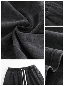 2-Piece Men's Fleece Washed Hoodie Set, With Washed Shorts, Vintage Heavyweight Washed Street Style Men's Sports Suit, Men's Winter Clothing, Men's Gift, Long Sleeved Washed Sports Suit, Unisex,Solid Color - Đen + Đen - Xem 3