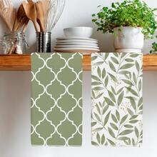 2 piezas Paños de cocina diarios simples con patrón geométrico de hojas verdes, de material de poliéster suave, adecuados para la decoración de la cocina, limpieza de la cocina, decoración de fiestas, artículos esenciales de cocina y baño, decoración del hogar, regalo de inauguración de la casa - Multicolor - Ver 6