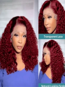 99J Burgundy 250 Density Curly Short Bob Wigs Human Hair 13x4 HD Transparent Lace Front Wigs Human Hair Pre Plucked Glueless With Baby Hair Red Colored Brazilian Remy Kinky Curly Lace Closure Wigs For Women - 勃根地 - 查看 6