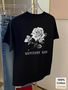玫瑰印花短袖中长款T恤，时尚休闲女式上衣，黑色夏季款 - 黑色 - 查看 4