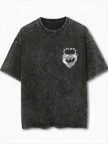 Oversized Vintage Black Washed Short Sleeve T-Shirt For Women, Letter Print, Loose & Flattering Design - Black - View 6