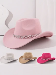 1pc Adult Rhinestone Heart Denim Cowboy Hat - Valentine's Day Pink Felt Western Cowboy Hat, Solid Soft Brim Hat, Suitable For Parties, Gatherings And Outdoor Activities - Heart-shaped Sequins - View 1