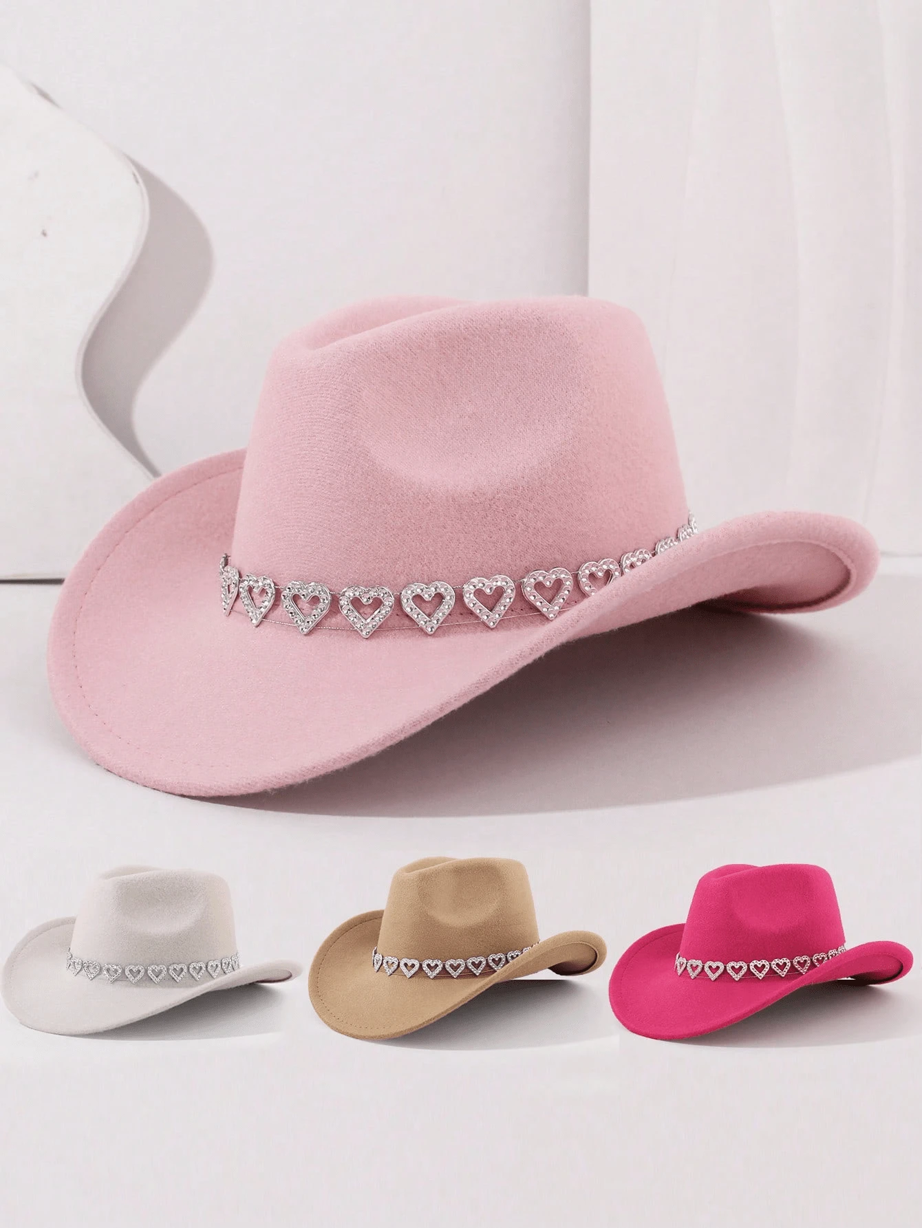 1pc Adult Rhinestone Heart Denim Cowboy Hat - Valentine's Day Pink Felt Western Cowboy Hat, Solid Soft Brim Hat, Suitable For Parties, Gatherings And Outdoor Activities - Heart-shaped Sequins - View 1