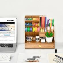 Office Study Desk Organizer Table Box Tidy Case Wooden Pen Pencil Storage Holder - 木質色 - 查看 9