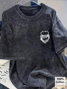 Oversized Vintage Black Washed Short Sleeve T-Shirt For Women, Letter Print, Loose & Flattering Design - Black - View 4