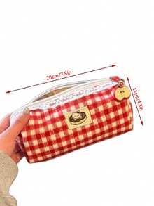 1个三丽鸥红色格子可爱Hello Kitty猫咪铅笔盒（不含苹果吊饰），大容量铅笔盒，便携式化妆包，学生文具，返校礼物 - 彩色 - 查看 7