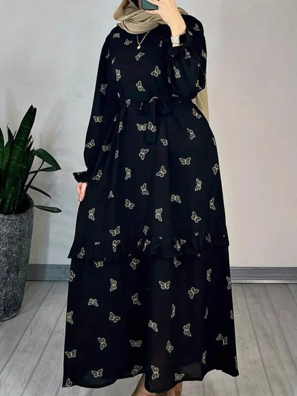 Elegant Women's Black Arabian Dress, Butterfly Print, Long Bishop Sleeves, Ruffle Hem, Waist Tie, Woven Fabric, Round Neck, Long Design Vacation