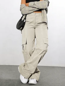 Women's Stylish And Chic Solid-Color Cargo Pants, Loose And Practical With Multiple Pockets, Sweet And Casual, Perfect For Street Style, Brunch, And Spring And Summer Outfits. - Apricot - View 3