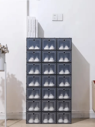 Caixa organizadora de sapatos transparente em PP, à prova de poeira, empilhável, com design minimalista.