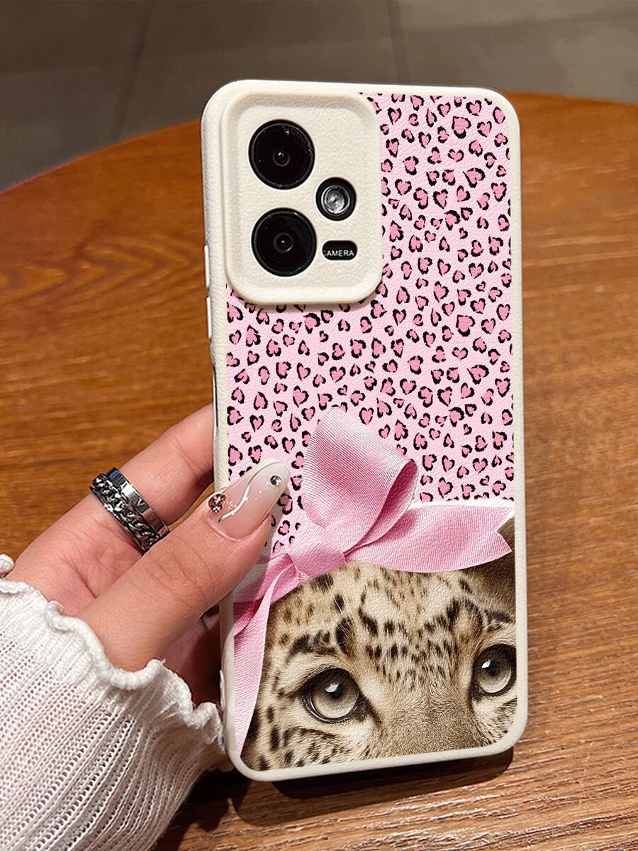 1 pieza Funda de teléfono suave, a prueba de agua y golpes, antideslizante, con diseño de lazo de estampado de leopardo minimalista, adecuada como regalo de cumpleaños/festividad para amigos, familia, parejas, compatible con teléfonos Redmi - Multicolor - Ver 1